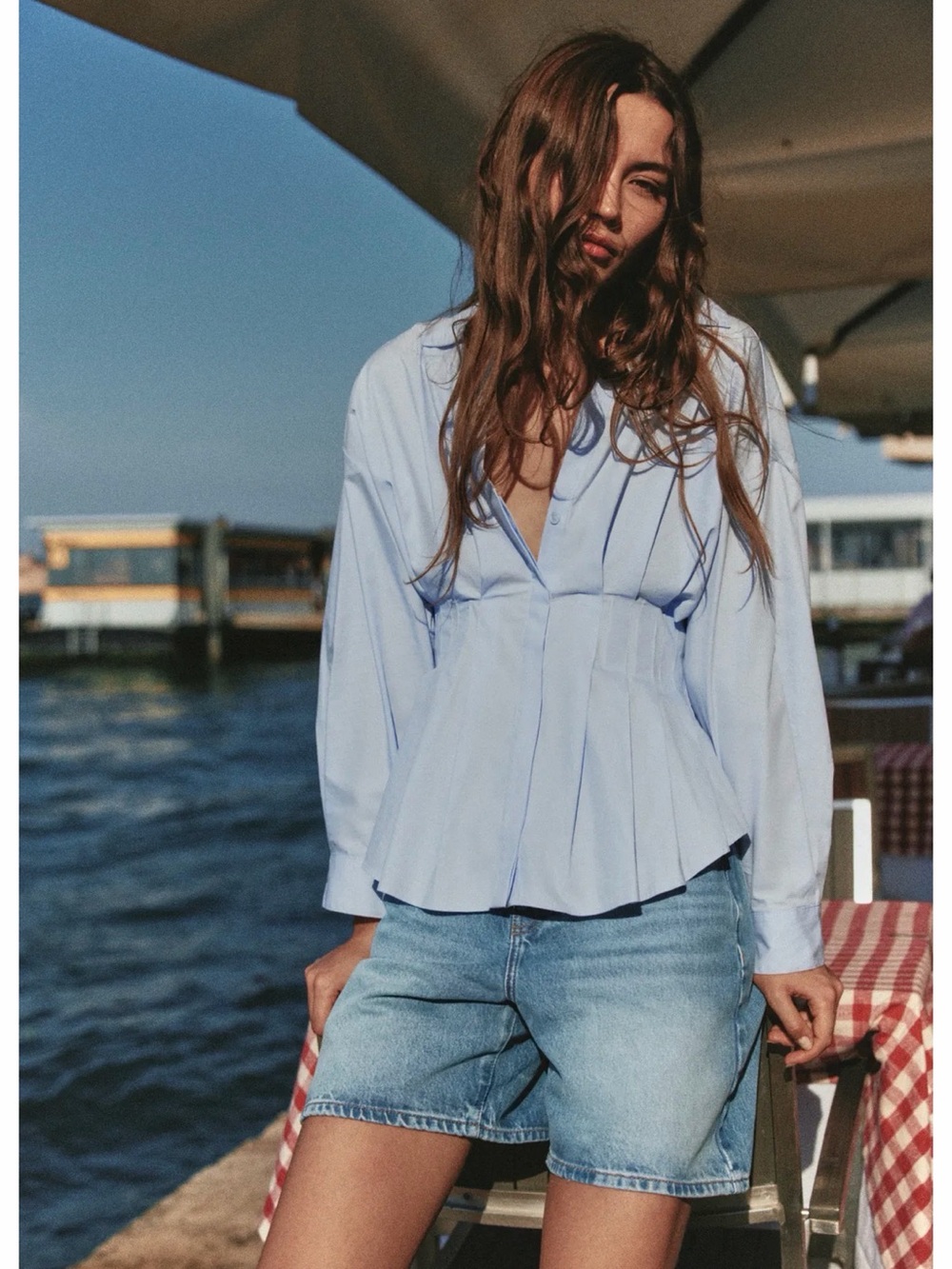 Zara Light Blue Pleated Poplin Blouse